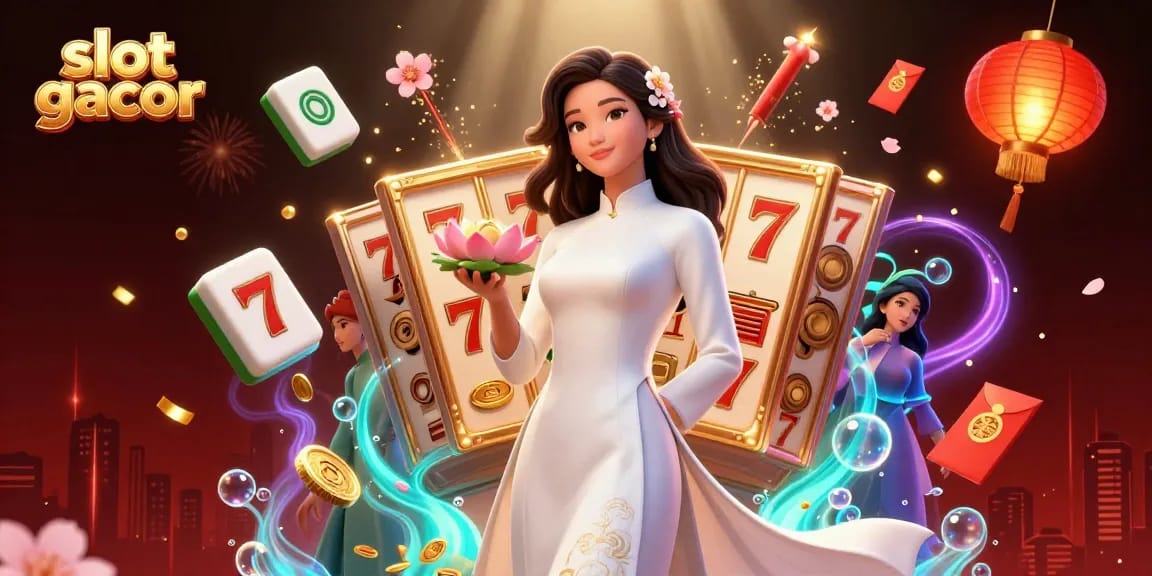 Engage in slot gacor excitement with a serene Asian woman holding a lotus and golden symbols.