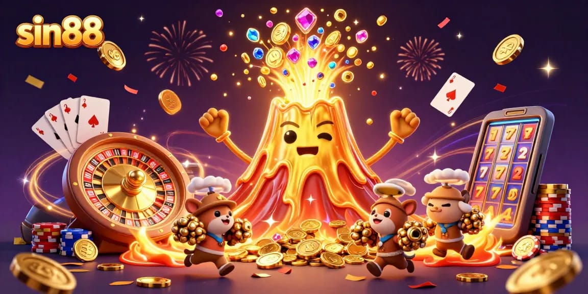 Join the excitement at sin88 with a triumphant volcano and treasure-filled adventure in a vibrant casino scene.