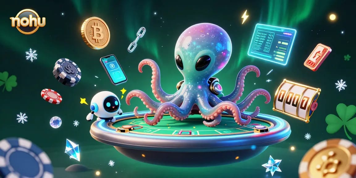 The nohu alien octopus engages players at a holographic poker table, surrounded by vibrant slot symbols and crypto coins.