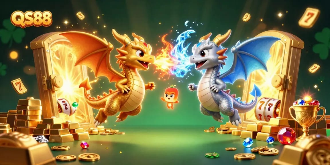 Experience thrilling wins at QS88 with enchanting dragons amidst sparkling treasures in this dynamic casino scene.