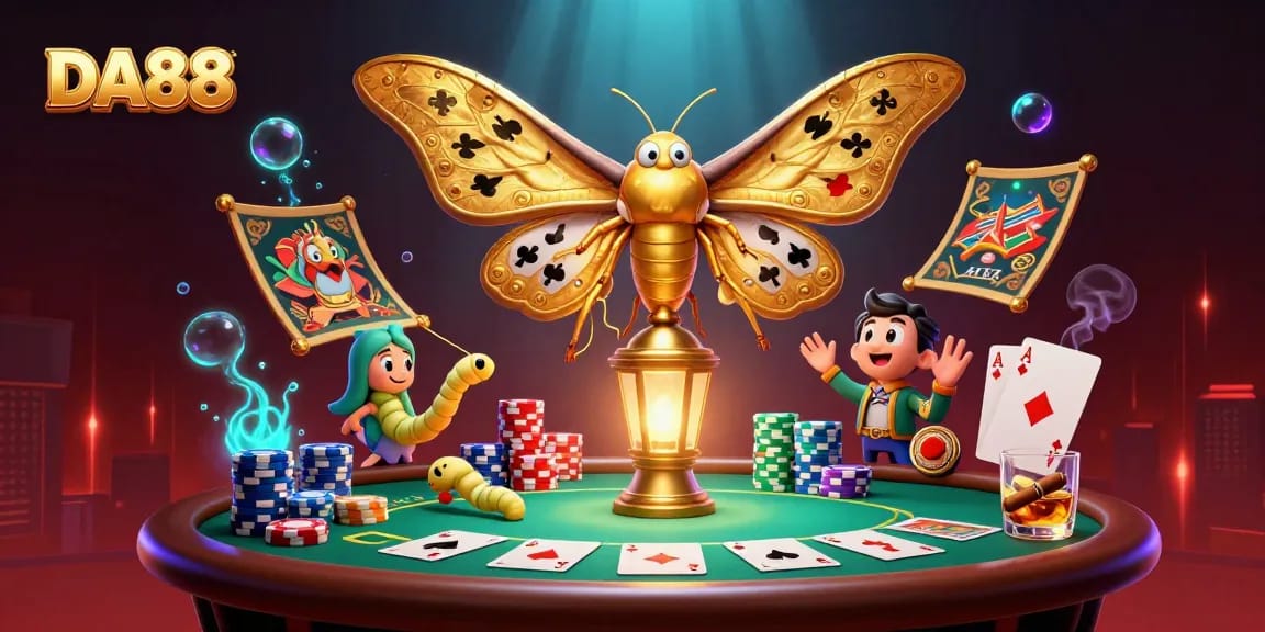 Engage in thrilling poker with DA88 at a vibrant casino featuring colorful chips and spectacular visuals.
