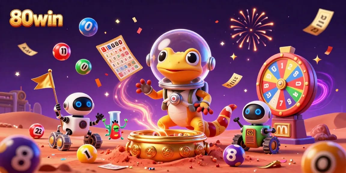 Experience thrilling gaming excitement with 80win's Martian gecko discovering a vibrant casino.