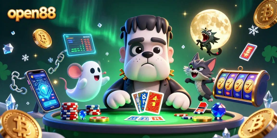 Players engage in thrilling card games at open88, featuring a lively Frankenstein bulldog and magical elements.
