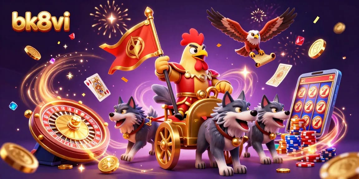 Engage with bk8vi at a vibrant 3D casino scene featuring a rooster warlord and golden symbols.