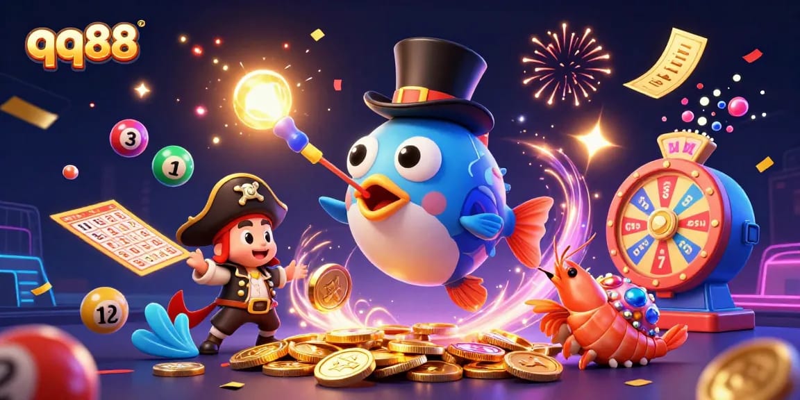 Spin to win with QQ88 as the anglerfish lures coins in this vibrant casino scene.