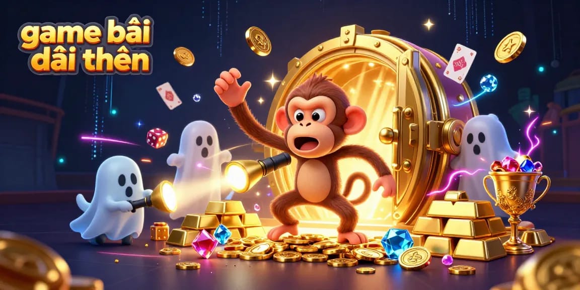 Engage in game bài đổi thưởng with a mischievous monkey and ghost-hunter puppy amid dazzling casino lights.