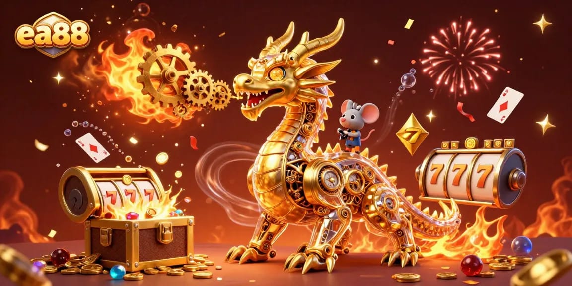 Join the thrilling adventure with ea88 as the golden dragon and mouse engineer celebrate casino wins amidst treasure and excitement!