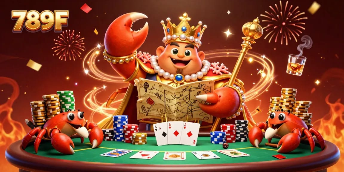 Experience thrilling poker action at 789F with the golden crab emperor and vibrant gaming elements.