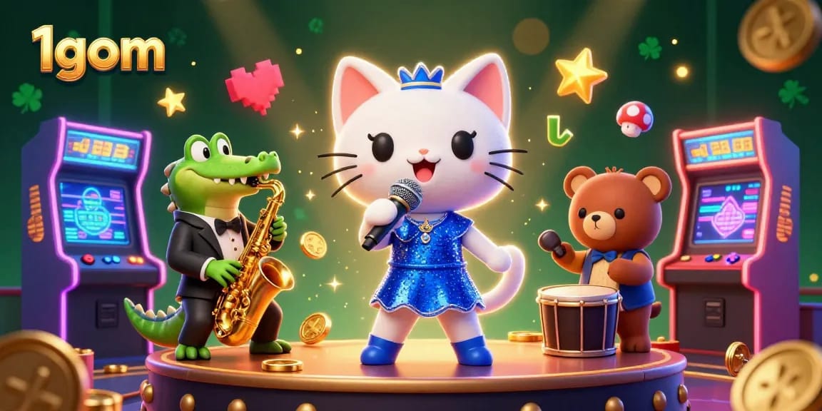 Experience the thrill of 1gom with a lively casino scene featuring vibrant characters and gaming elements.