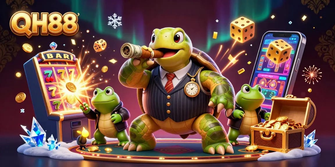 QH88 offers a thrilling gaming experience with slot machines and characters in action.