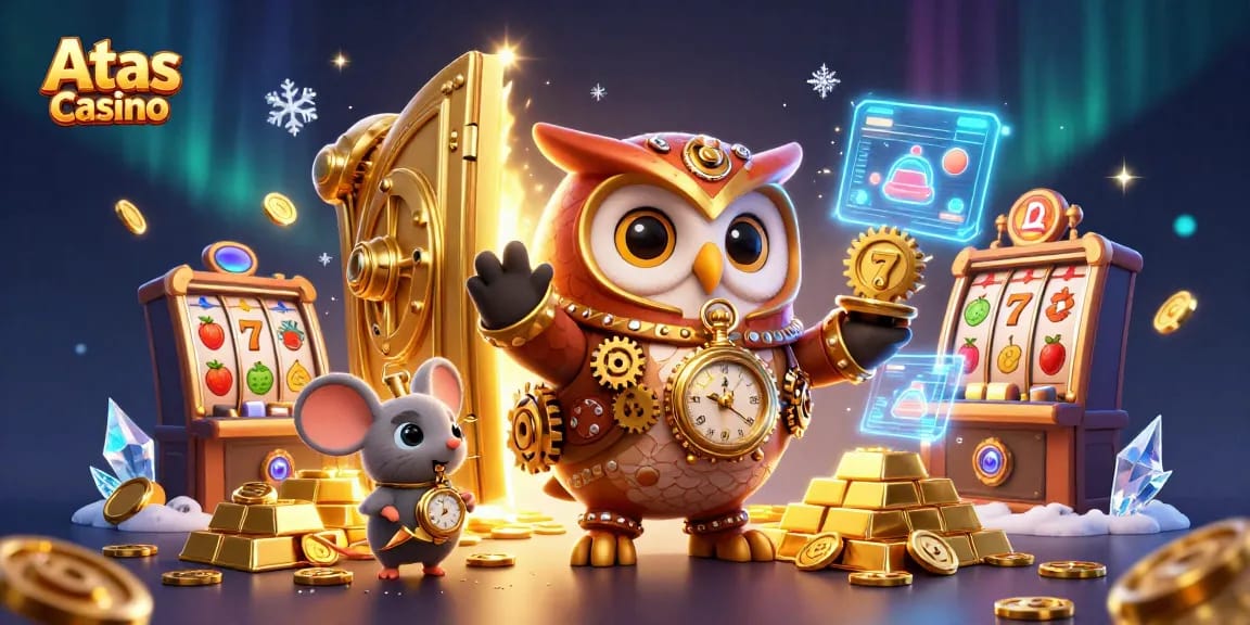 Atas Casino's vibrant universe showcases a time-traveler owl with dynamic casino elements and slot machines.