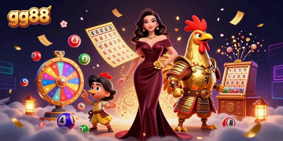 Spin and win at gg88 with glamorous casino characters and dynamic lottery elements.