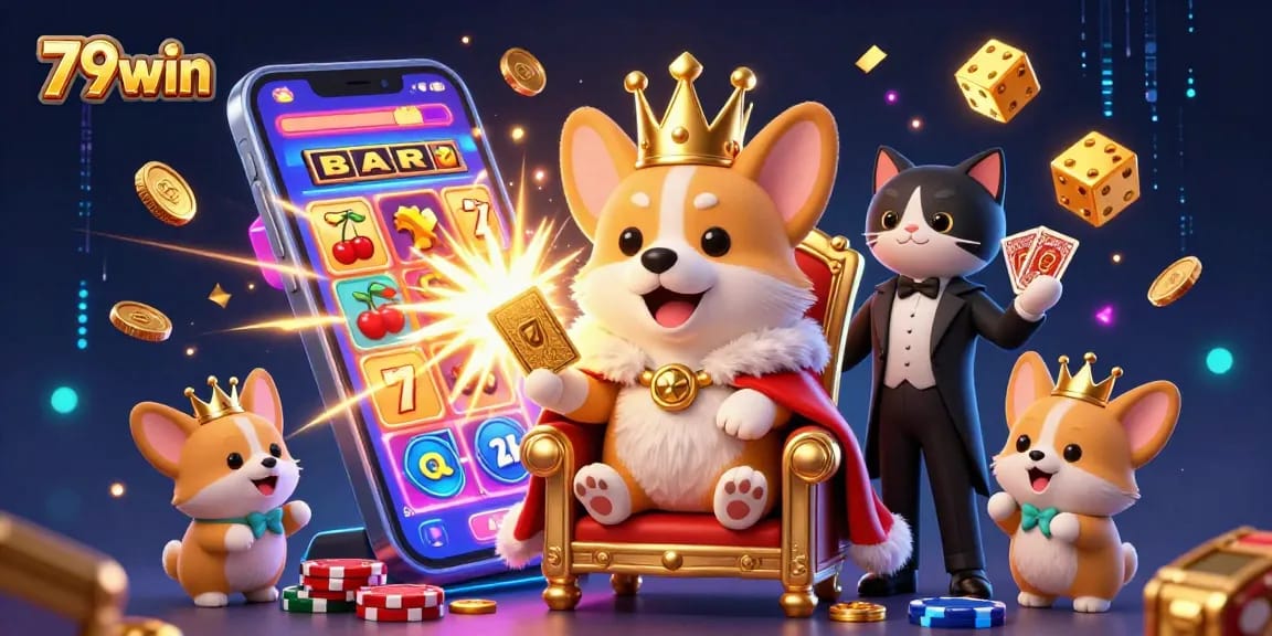 Experience the excitement of 79win with a royal corgi throne amid vibrant casino action.