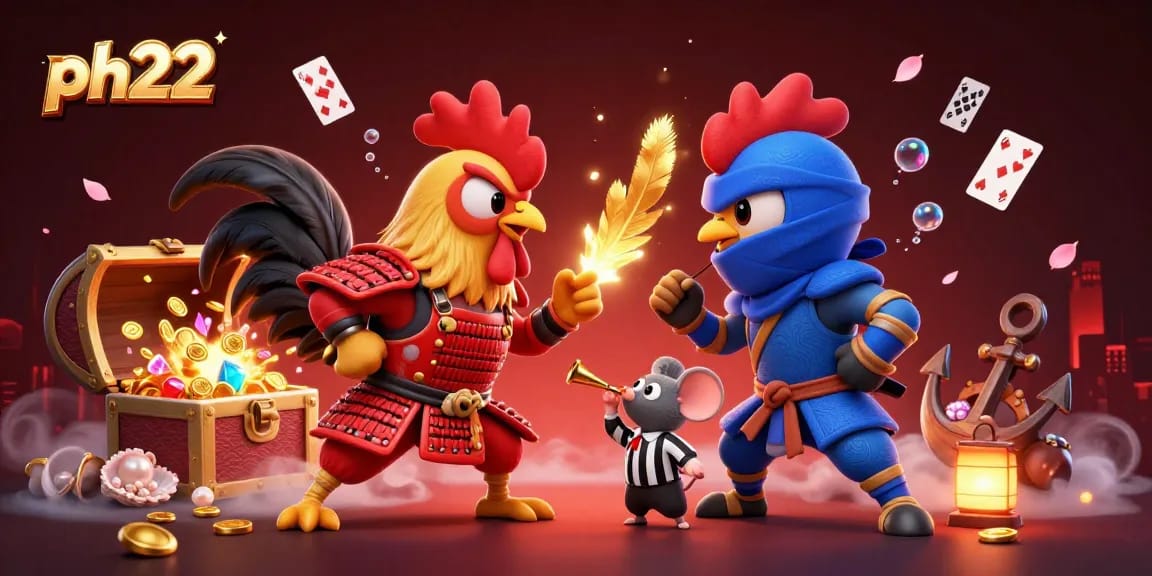 Engage in thrilling gaming with ph22, featuring roosters in epic battle amidst gold and casino elements.