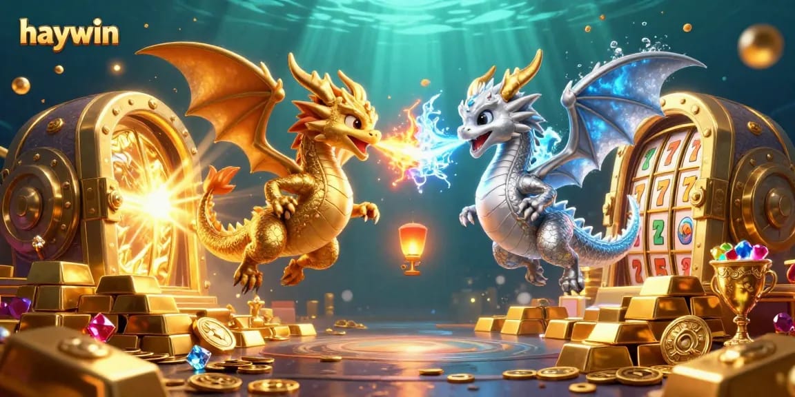 Engage in vibrant play at Haywin's 3D casino, featuring gold and silver dragons amidst dazzling slot reels.