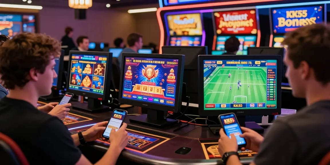 Players enjoying diverse games at KK55 online casino in a vibrant atmosphere with glowing screens and exciting graphics.