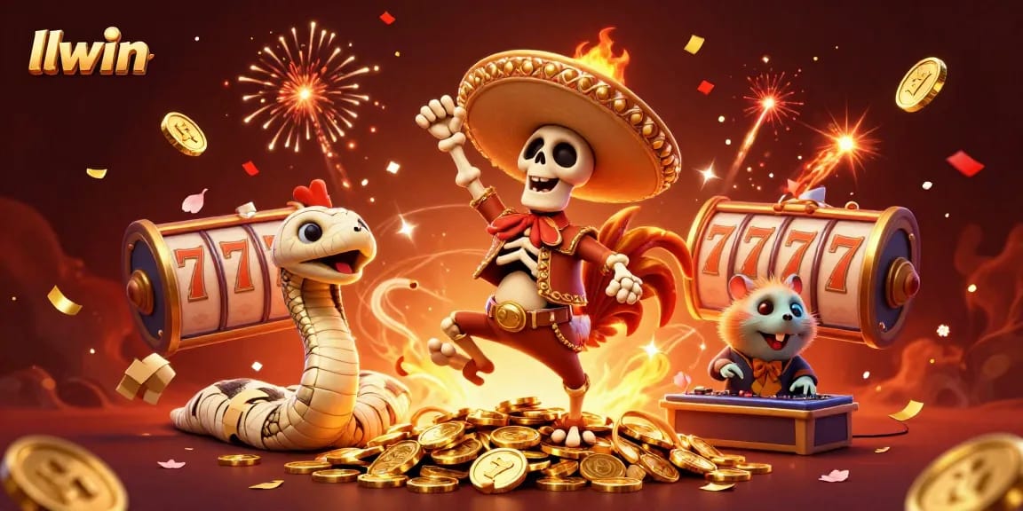 Win big with llwin as the colorful skeleton mariachi dances on coins, promoting thrilling slots.