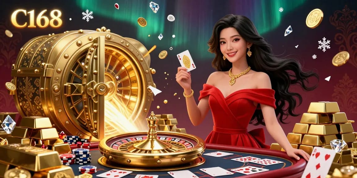 C168 invites players to a vibrant casino scene with a confident dealer beside a roulette wheel.