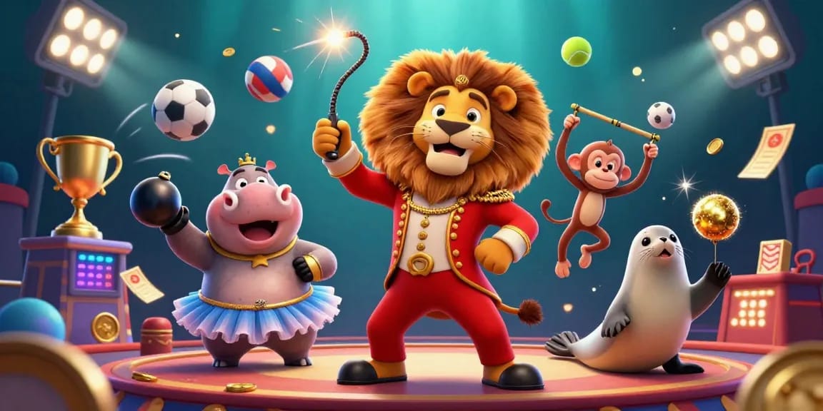 Experience thrilling games at C 168 with an ultra-detailed circus illustration featuring vibrant casino elements.