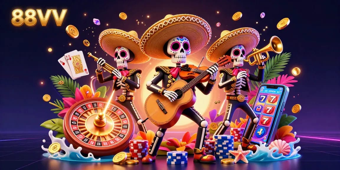 88VV showcases vibrant playing action with a colorful skeleton mariachi band amidst casino elements.