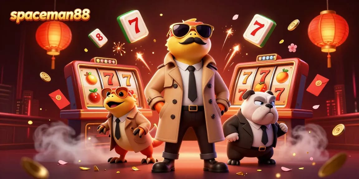 Spaceman88 raptors in a trench coat entering a VIP casino, showcasing vibrant gaming elements.