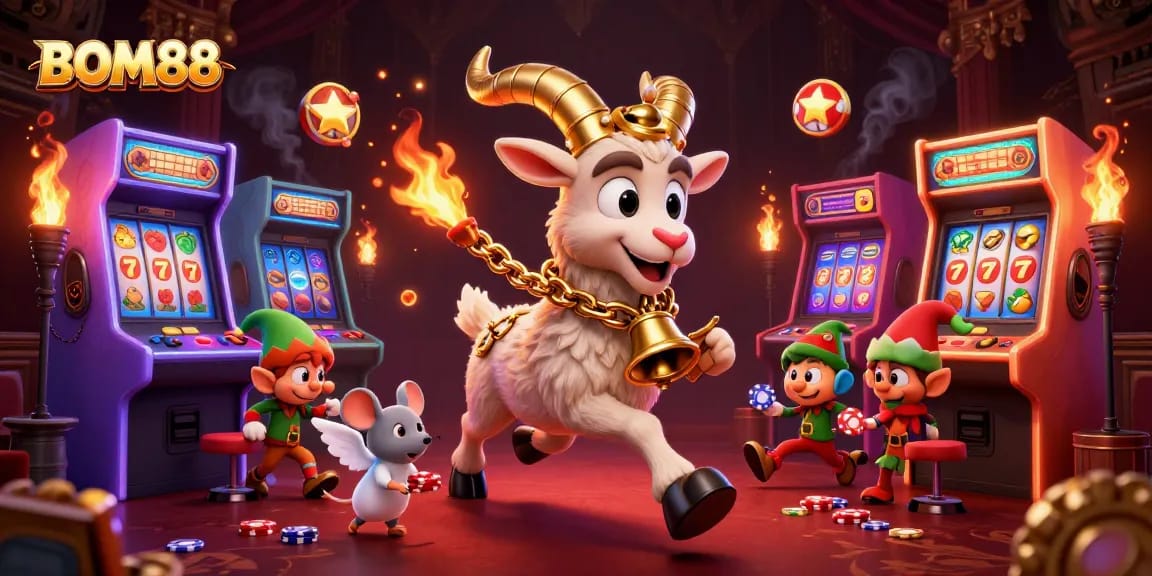 BOM88 showcases a dynamic casino scene with a Krampus goat and angel mouse amid glowing slot machines and animated poker elements.