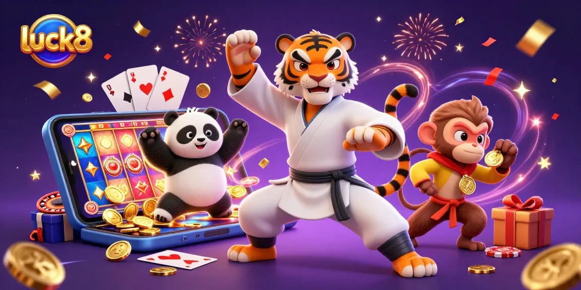Experience luck8's thrilling gaming with colorful slots and playful characters in a vibrant digital scene.