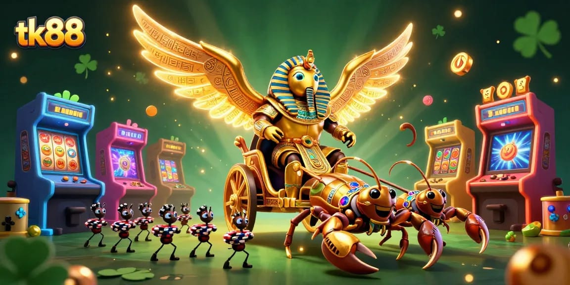 Experience vibrant casino action with tk88 in a dynamic 3D illustration featuring games and elements.
