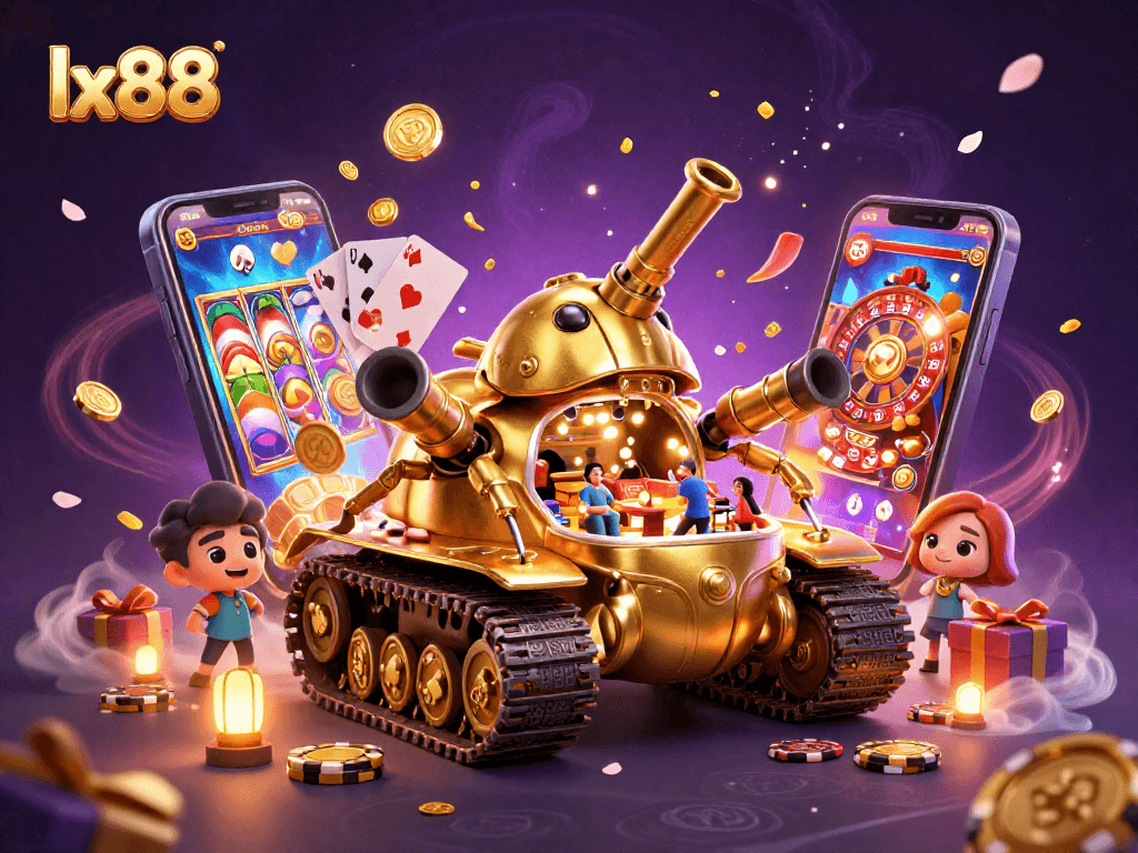 lx88 exhilarating gameplay depicted in a lively casino scene featuring a unique golden beetle tank
