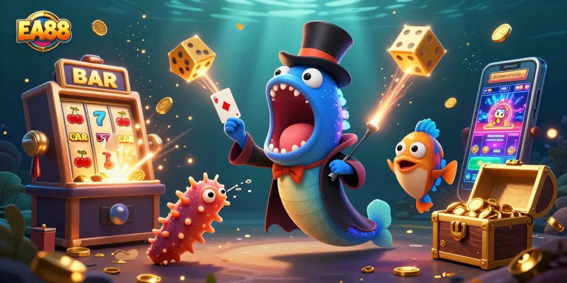 EA88 showcases a magical underwater casino scene featuring vibrant characters and gaming elements.