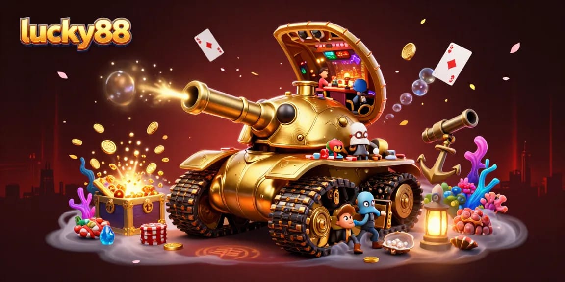 Experience the excitement at lucky88, with a dynamic casino scene featuring a golden beetle tank and treasure elements.