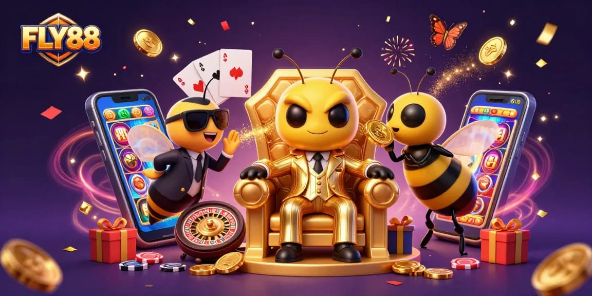 FLY88's vibrant casino scene showcasing gameplay excitement with dynamic characters and fun elements.