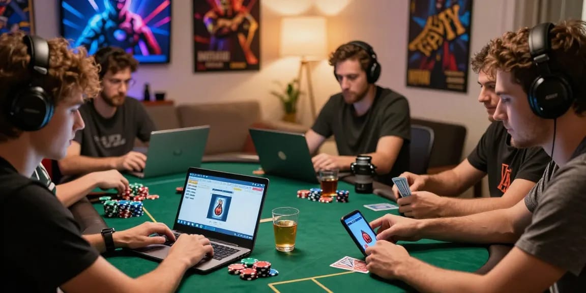 Engaging poker game scene highlighting Daftar Domino8 online gaming experience with friends.