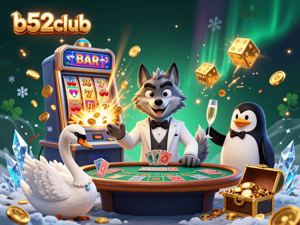 b52club showcases a vibrant 3D casino scene with animated characters engaging in baccarat and celebrating with jackpots.