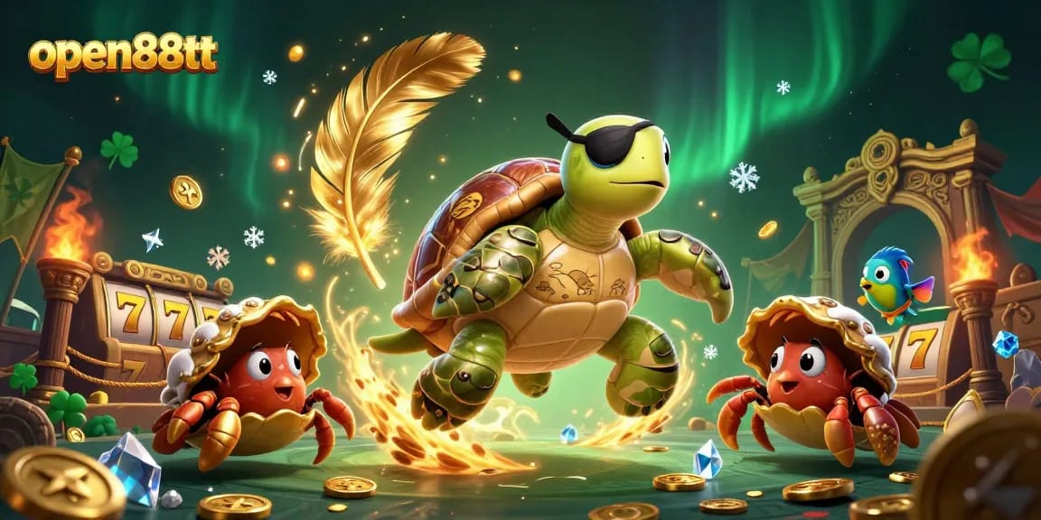 Win big with games at open88tt, illustrated by a pirate turtle navigating colorful slot reels.