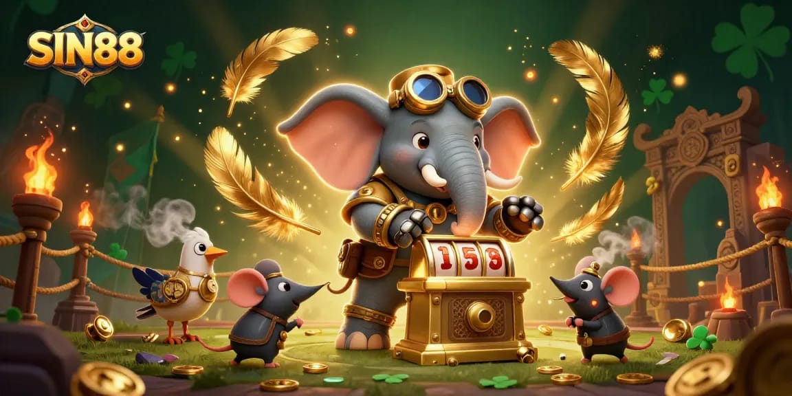 SIN88 offers thrilling slot game excitement with a mechanized elephant and vibrant gold symbols