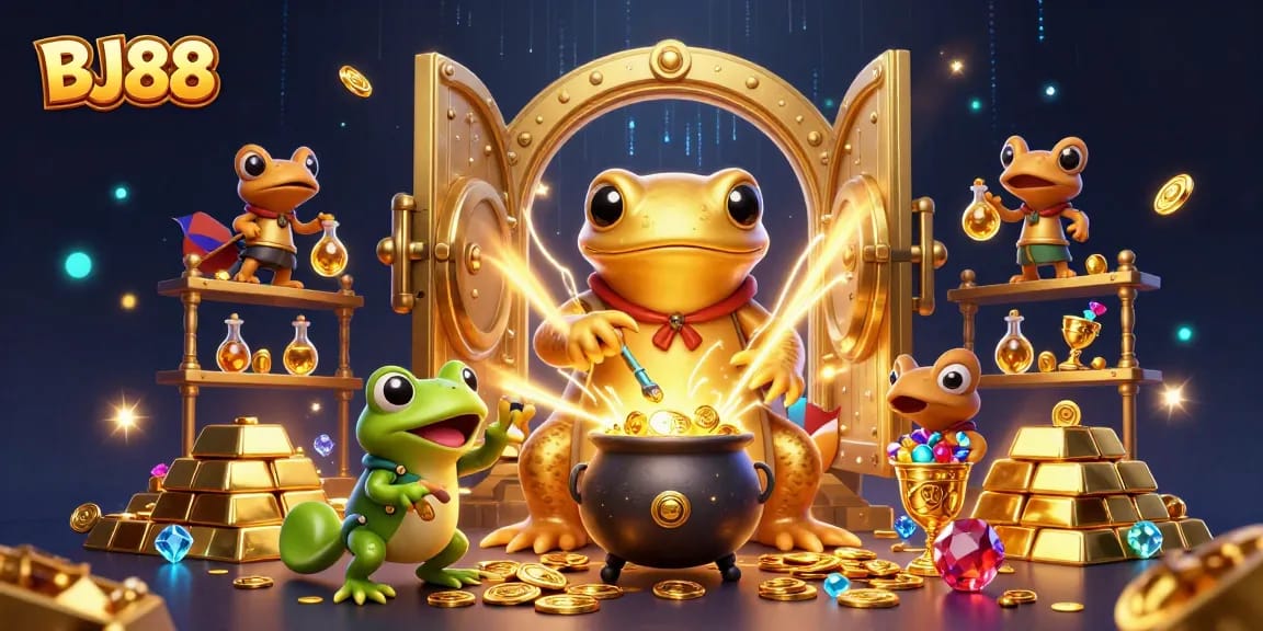 BJ88 elevates online casino excitement with a lavish alchemical scene showcasing gold and treasures.