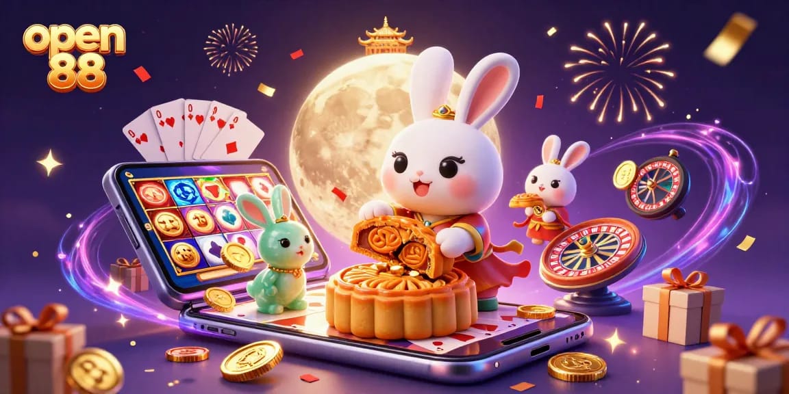 Experience the excitement of open 88 with a moon rabbit revealing poker chips amidst vibrant casino elements.