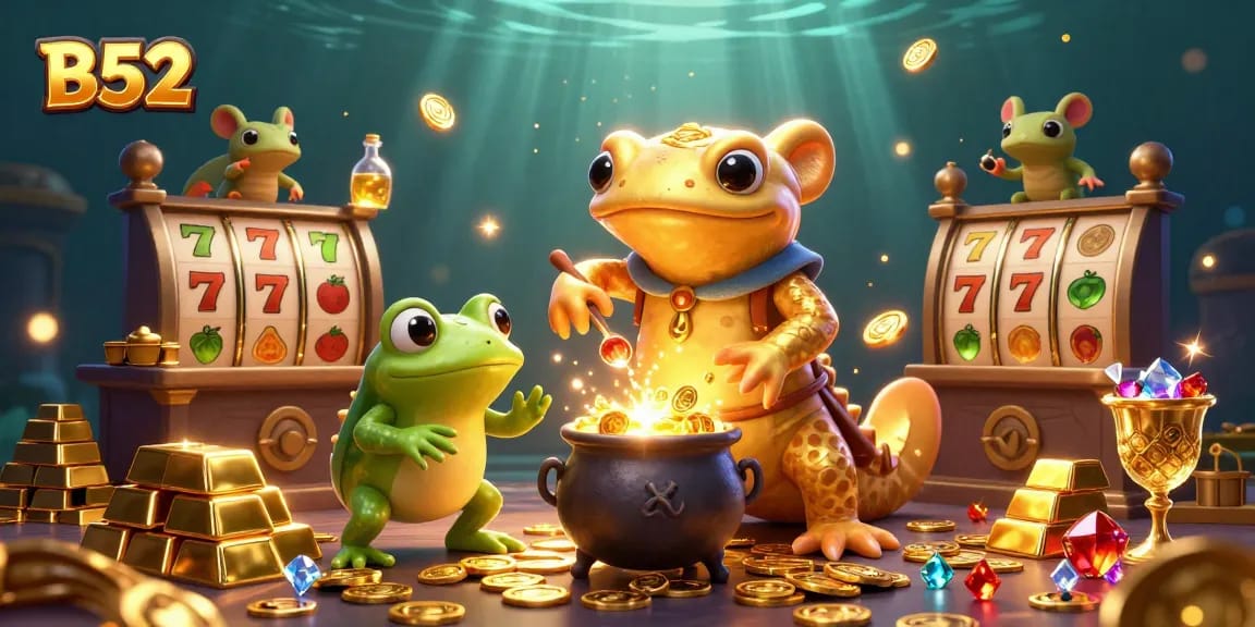 B52 casino alchemist scene with animated characters creating gold coins amidst slot reels and treasures.