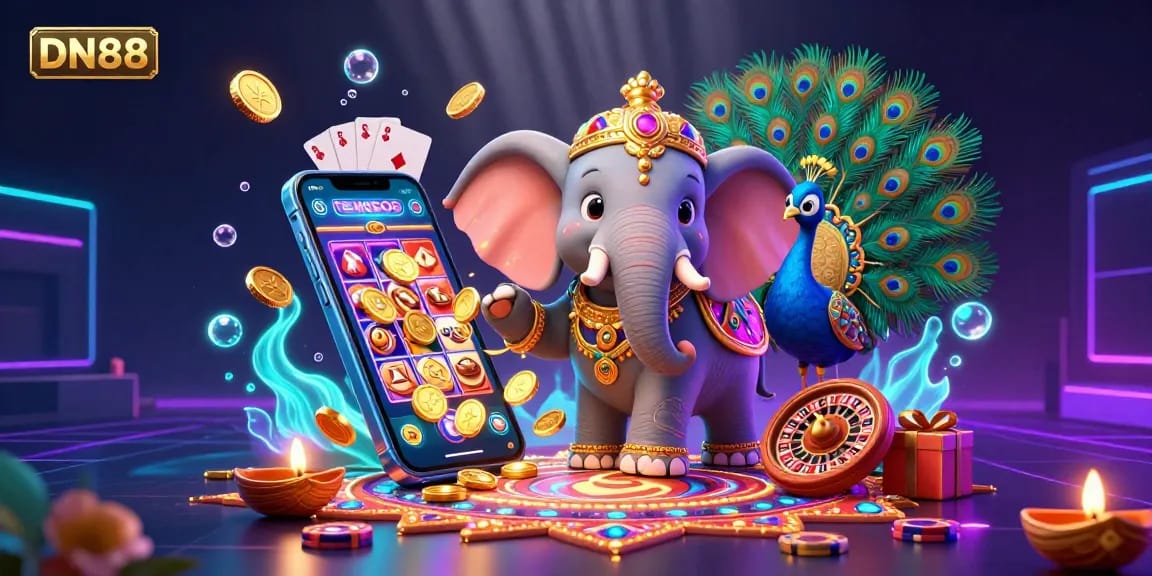 Engage with thrilling games at DN88, featuring a vibrant elephant immersed in a joyful casino scene.