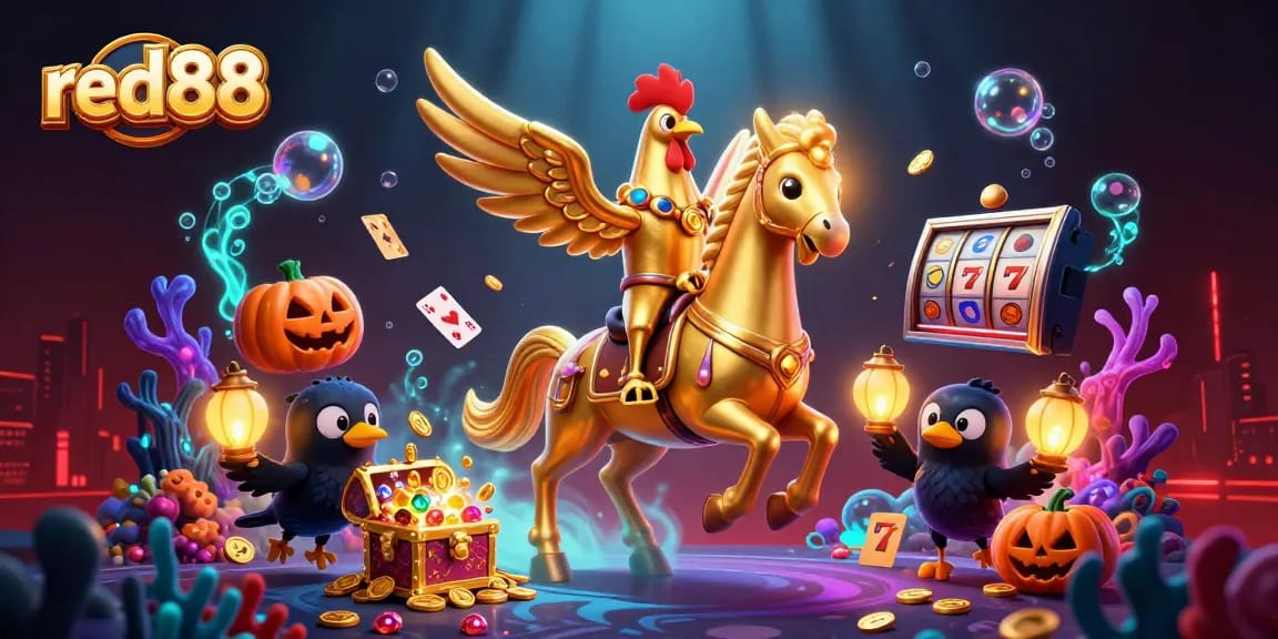 Red88 showcases golden rooster in a vibrant casino scene, surrounded by slot machines and treasure.