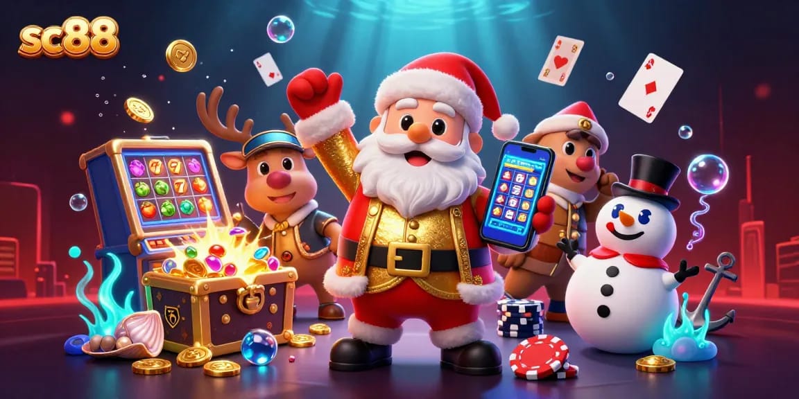 Engage in the thrilling world of sc88 with Santa and friends celebrating jackpots in a vibrant casino.