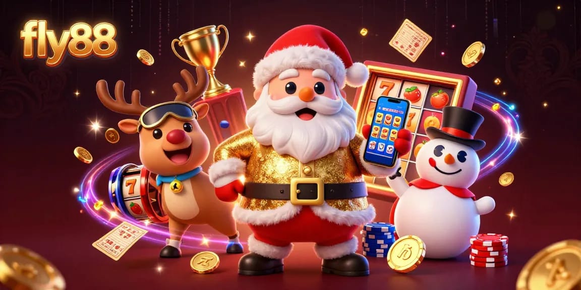 Experience the excitement of fly88 with Santa celebrating jackpot wins in a vibrant casino scene.