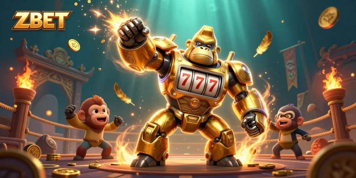 ZBET transforms with a golden mech and dynamic casino elements, capturing the excitement of online gaming.