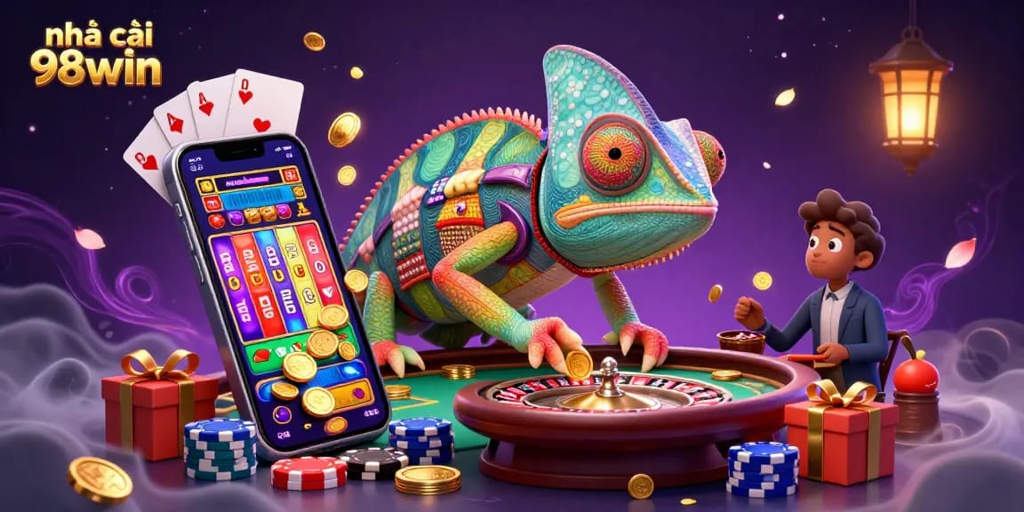 Engage with thrilling experiences at nhà cái 98win, featuring a vibrant chameleon casino owner and dynamic game elements.