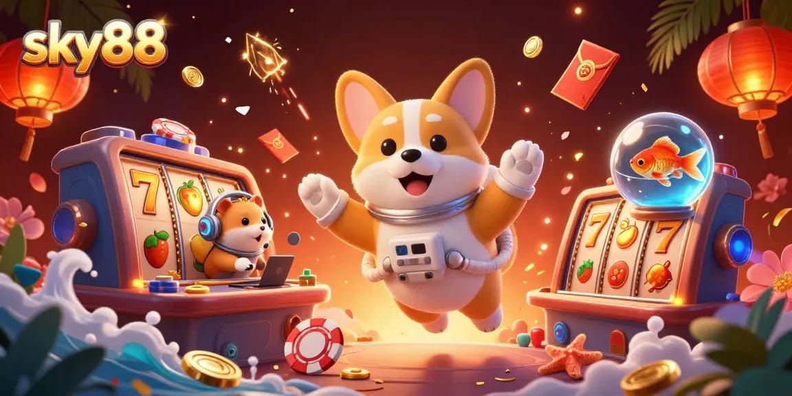 sky88 showcases vibrant 3D scenes of casino fun with astronauts, chips, and colorful game elements