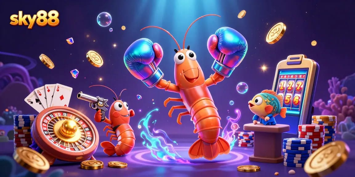 Win big at sky88 with an exciting 3D casino scene featuring mantis shrimp, coins, and roulette!