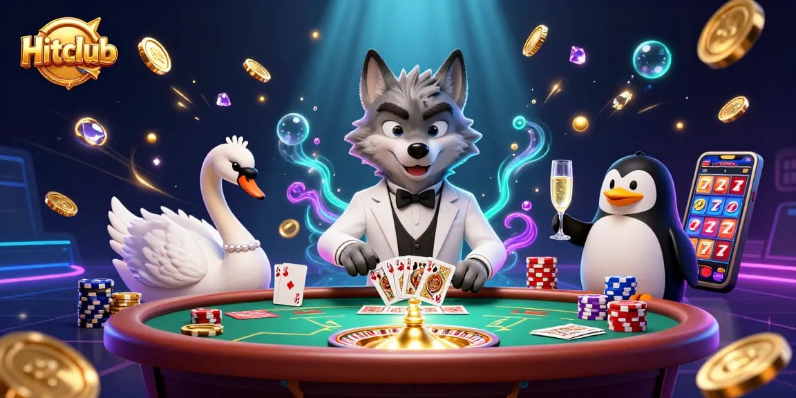 Hitclub's vibrant casino scene showcases a debonair wolf, elegant swan, and sophisticated penguin amidst thrilling gaming action.
