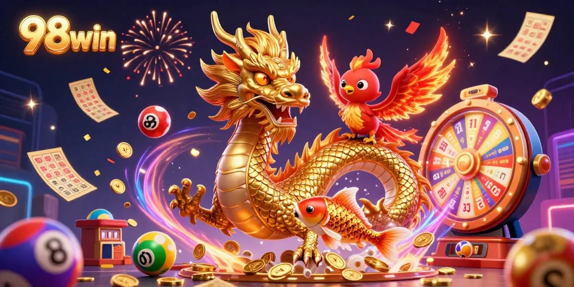 Experience the excitement of 98win as a golden dragon, phoenix, and koi fish celebrate amidst vibrant gambling elements.