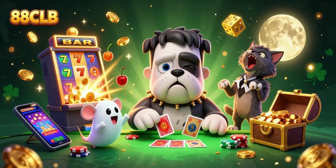 88CLB monsters deal cards at a vibrant casino with animated coins and lucky symbols.